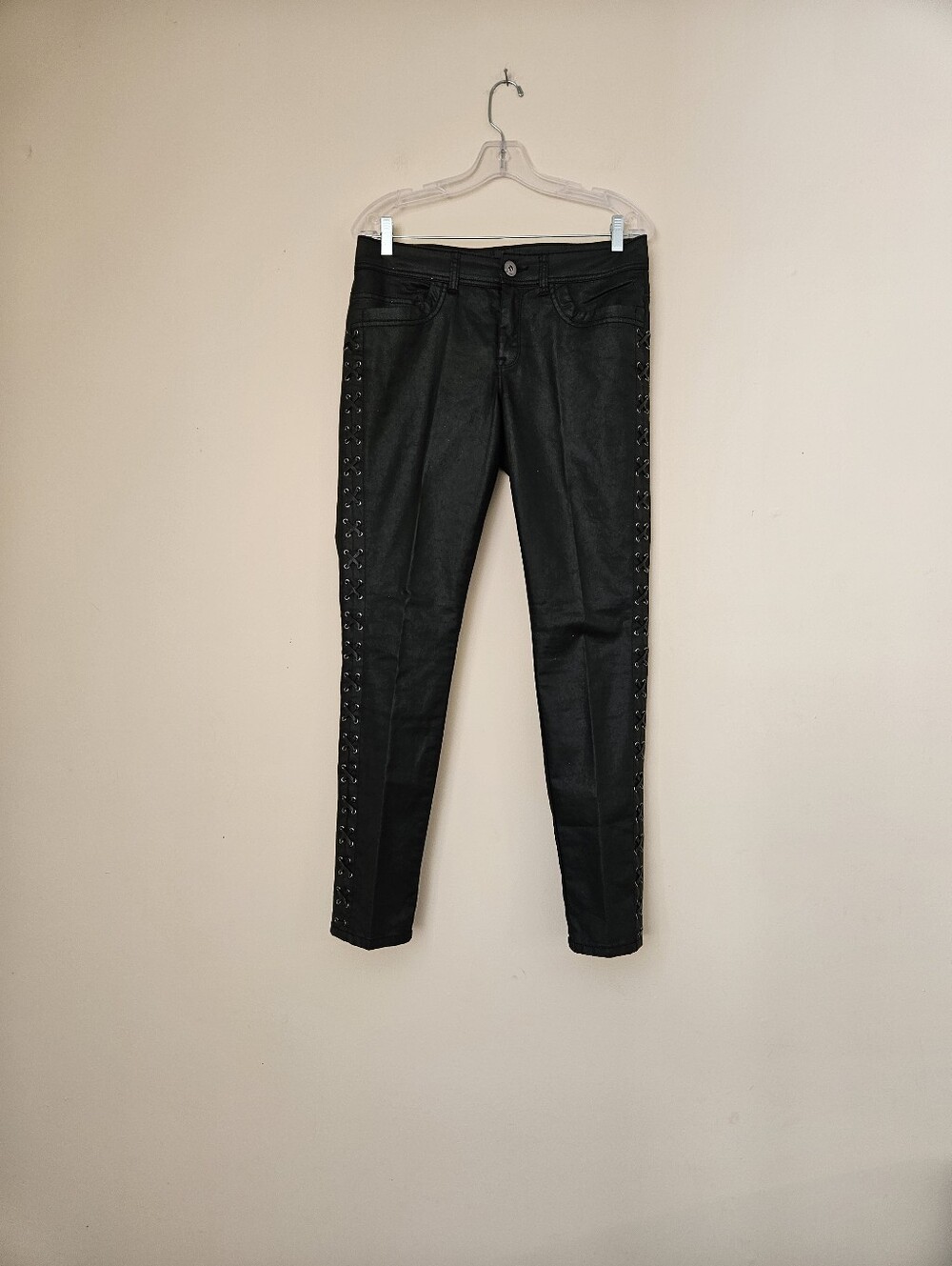 Cache Black Lace-Up Side Skinny Pants,Size 8